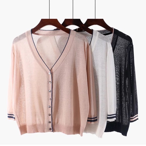 Thin Cardigan sweater pink button v-neck sporty style transparent sheer - Picture 4 of 5